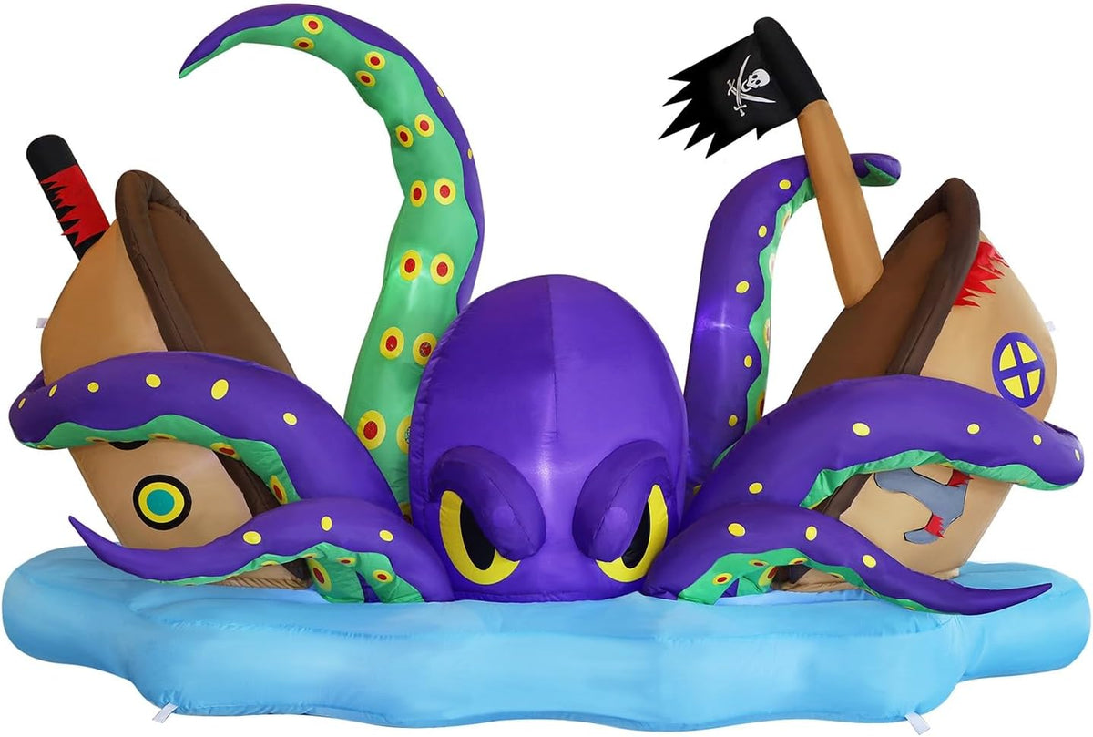 Juegoal Halloween Inflatable Lighted Giant Octopus Attacked Pirate Ship, 7.5FT Long Spooky Purple Octopus &