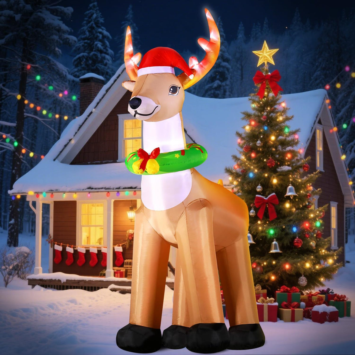 DomKom 12FT Giant Christmas Inflatable Reindeer Decoration with Chasing LED Lights,Blow Up Yard Decoration
