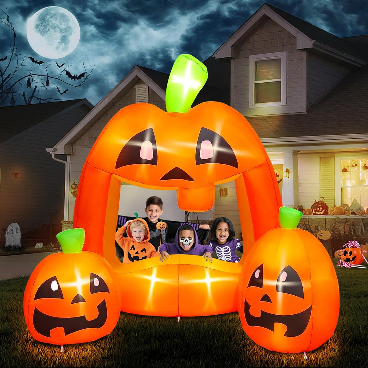 Kalolary 7ft Halloween Inflatables Pumpkin Photo Booth, Blow Up Quirky Pumpkin Photo Frame Inflatables Buil