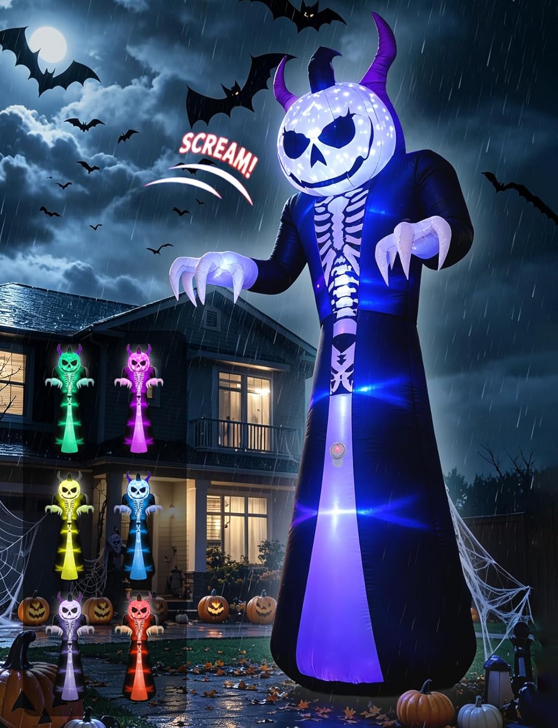 Elegear 10FT Grim Reaper Halloween Inflatable, Motion-Activated Scream / 8 lighting modes, PIR sensor; Pump