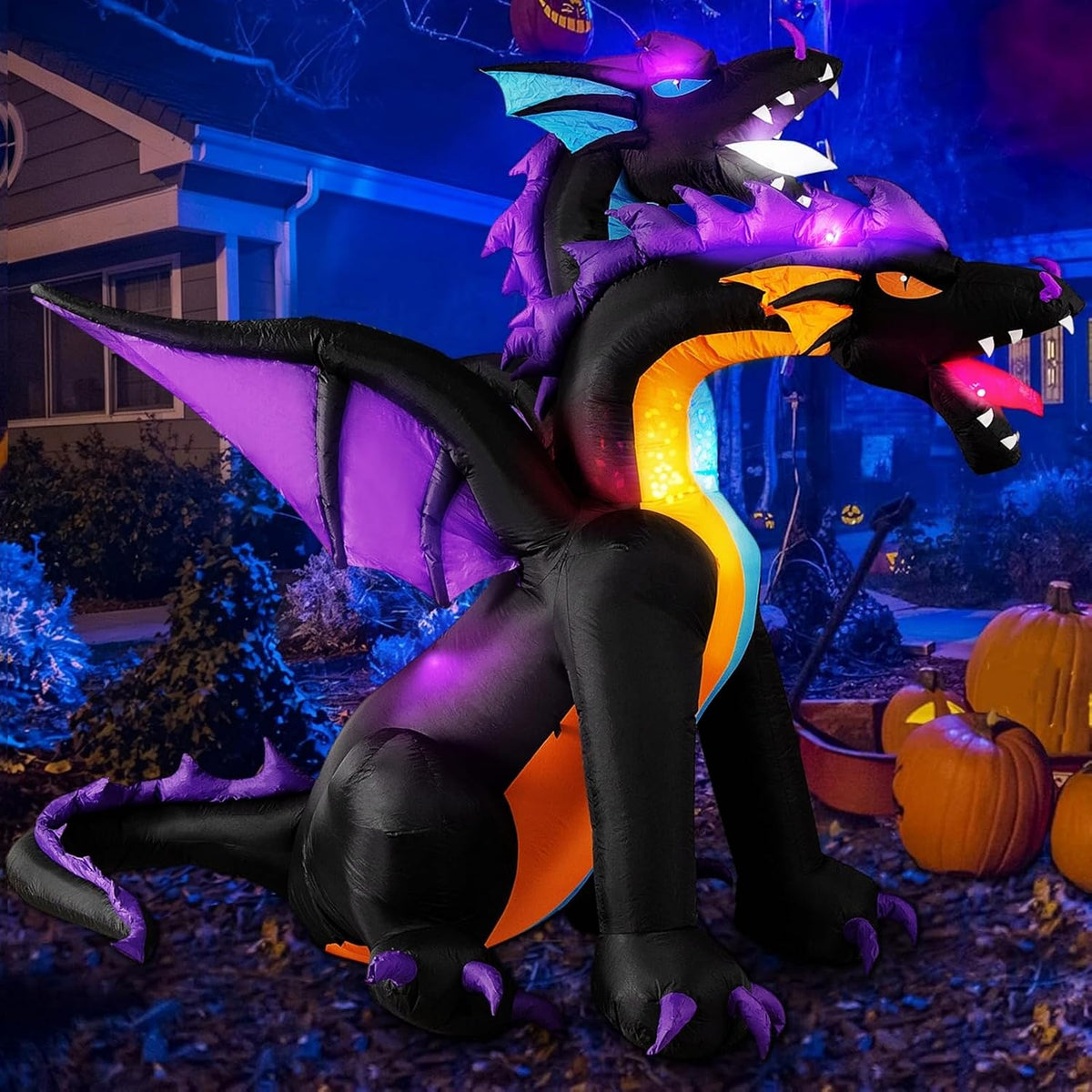 MICOCAH 7 FT Halloween Inflatables Outdoor 2 Headed Dragon Decorations / Built-in Rotating LED Lights, Gian