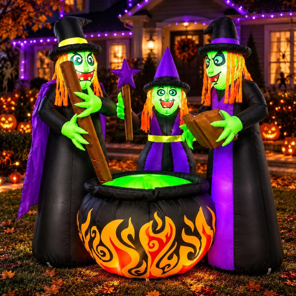 6 FT Halloween Inflatables 3 Witches Around Cauldron Outdoor Decorations, Scary Blow Ups with Build-in LED