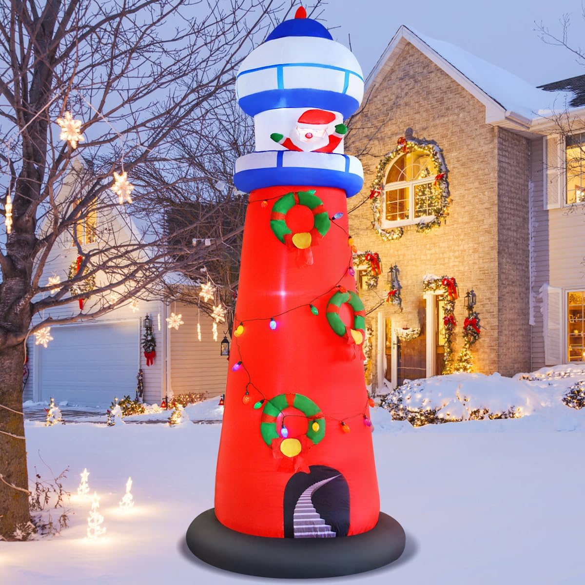 Christmas Inflatable Lighthouse Decorations, 10FT Giant Blow Up Beacon with Santa Claus Built in Colorful LED