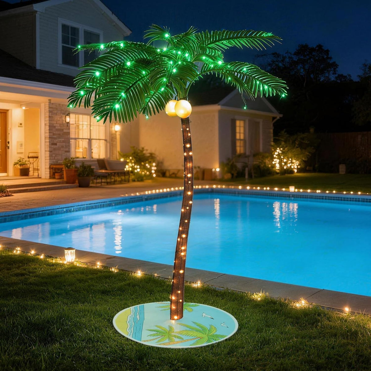 5ft Lighted Palm with Tree Skirt - 76 LED Lights with 14 Twinkling Lights & Glowing Coconuts, Tropical Decor