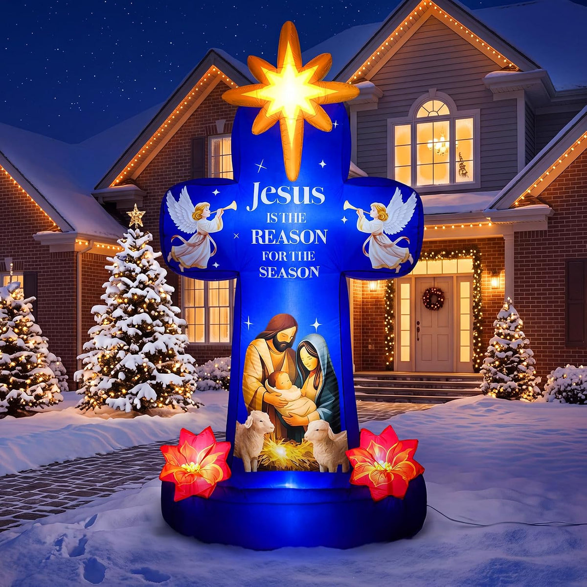 OurWarm 7FT Christmas Inflatables, Cross Inflatable Nativity Scene Outdoor / Christmas Blow Ups with Star of