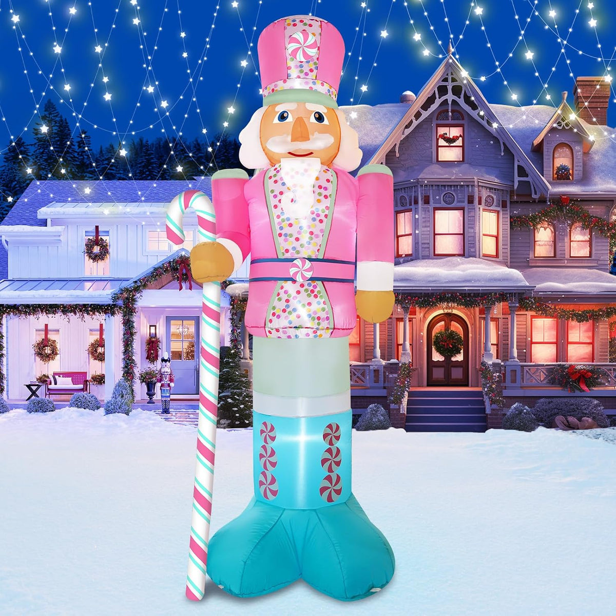 PARAYOYO 10FT Christmas Inflatables Pink Nutcracker Hold Candy Cane, Christmas Blow up Yard Decoration