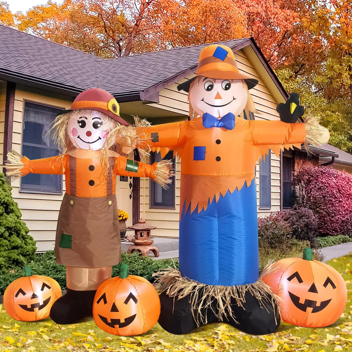 DomKom 6ft Long Inflatable Scarecrow and Pumpkin – Halloween Thanksgiving Fall Yard Decoration with Built-i