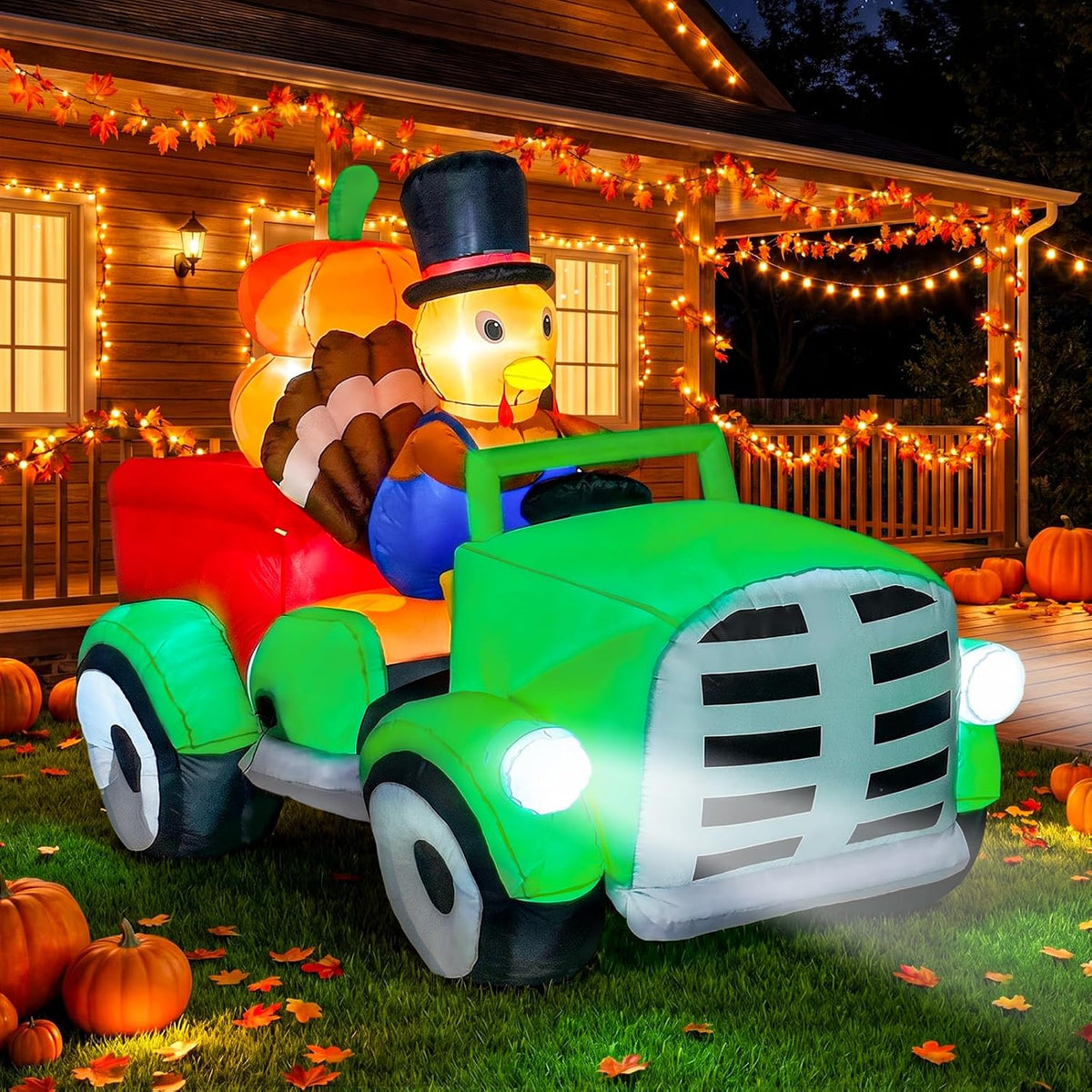 8FT Gaint LED Lighted Thanksgiving Fall Inflatables Turkey Driving Car / Waterproof & Windproof, Fast