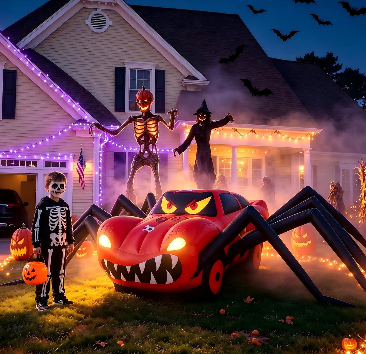 14.8 FT Giant Halloween Inflatables Spider Car Outdoor Decorations / 14-point anchoring, Powerful Fast