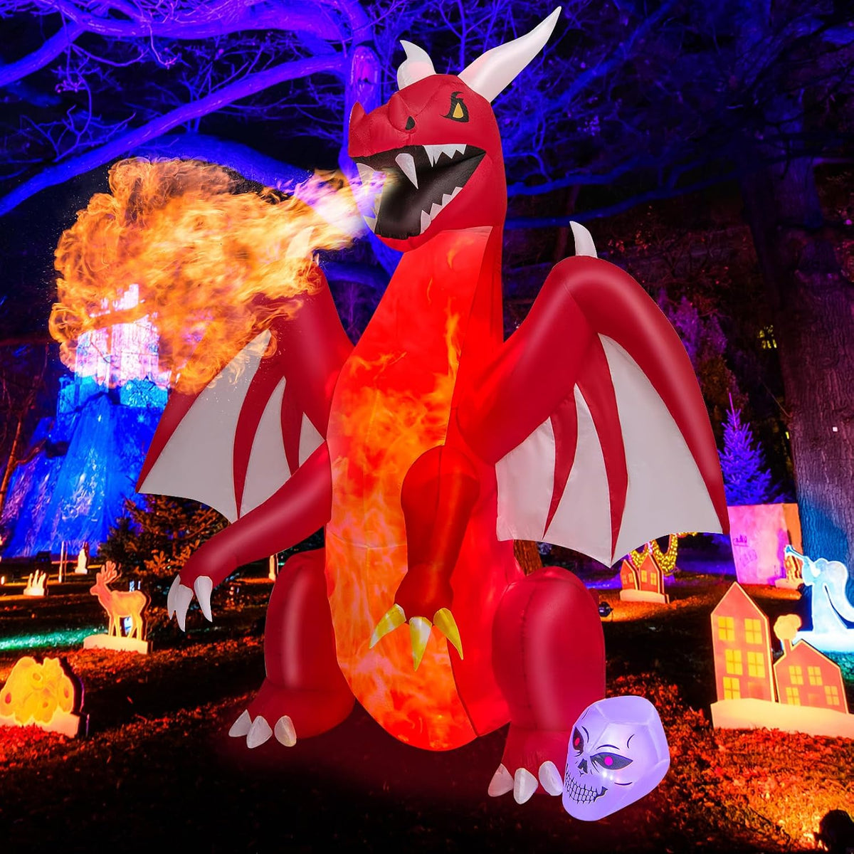 Tangkula 8 FT Halloween Inflatable Fire Dragon, Blow-up Red Dragon with Wings & Skull, Holiday Yard