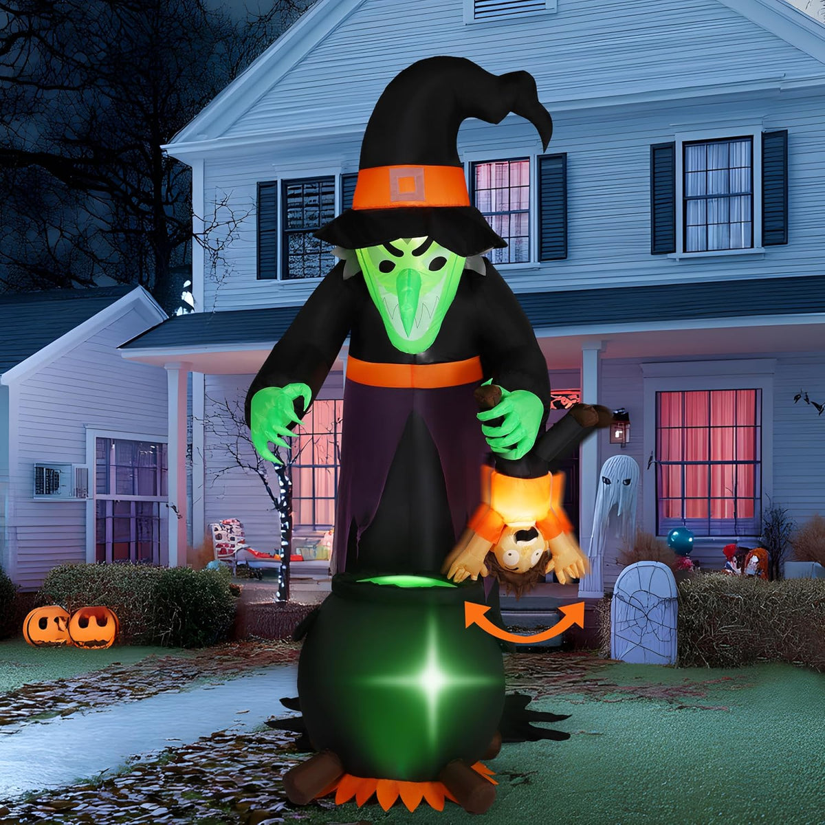 JOYIN 7FT Halloween Witch Animated Inflatable Decoration Witch Swinging Child Over Cauldron Inflatable